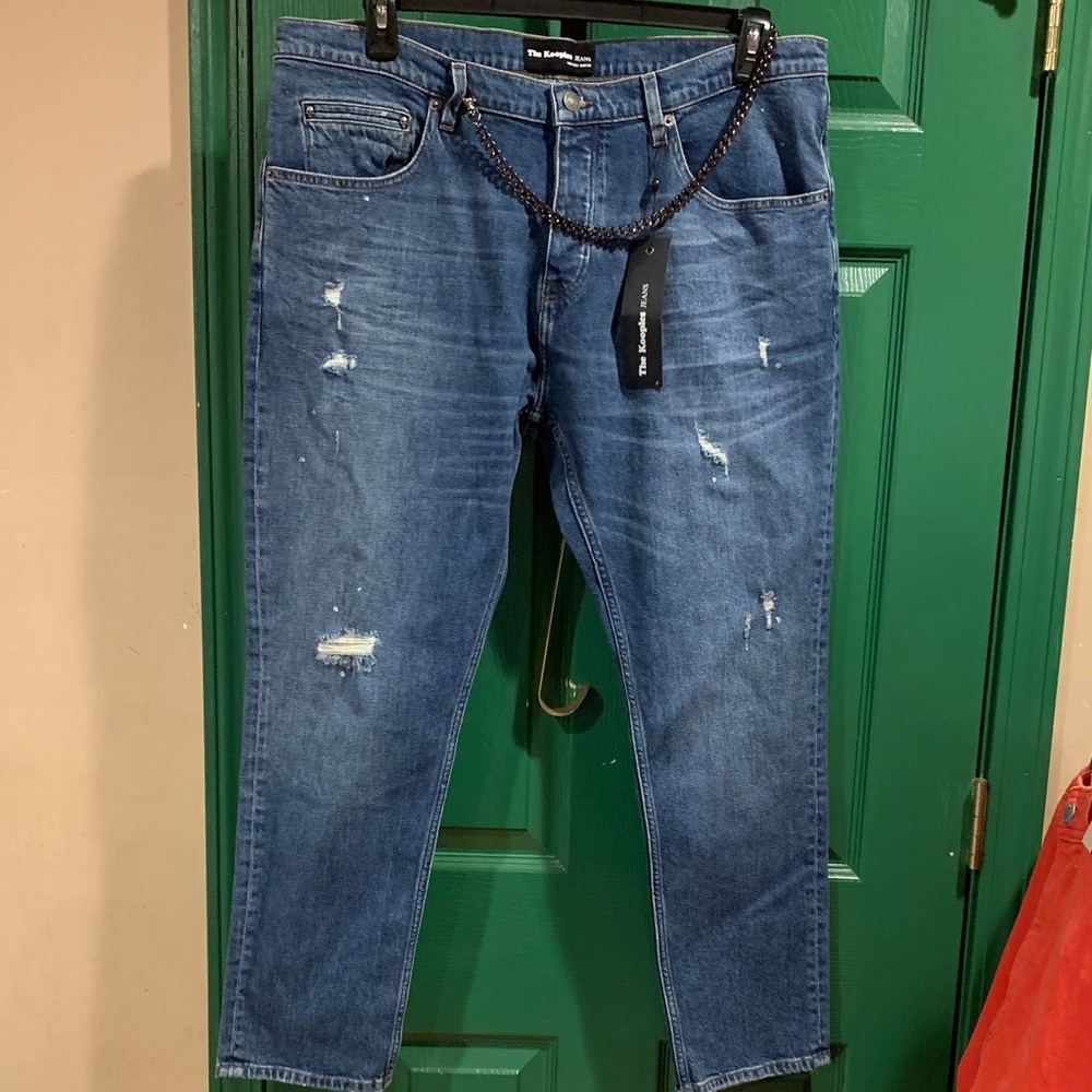 The Kooples Men's short drop Blue Jeans with Distressed Details size 34x27